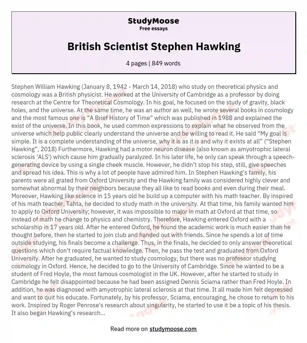 British Scientist Stephen Hawking essay