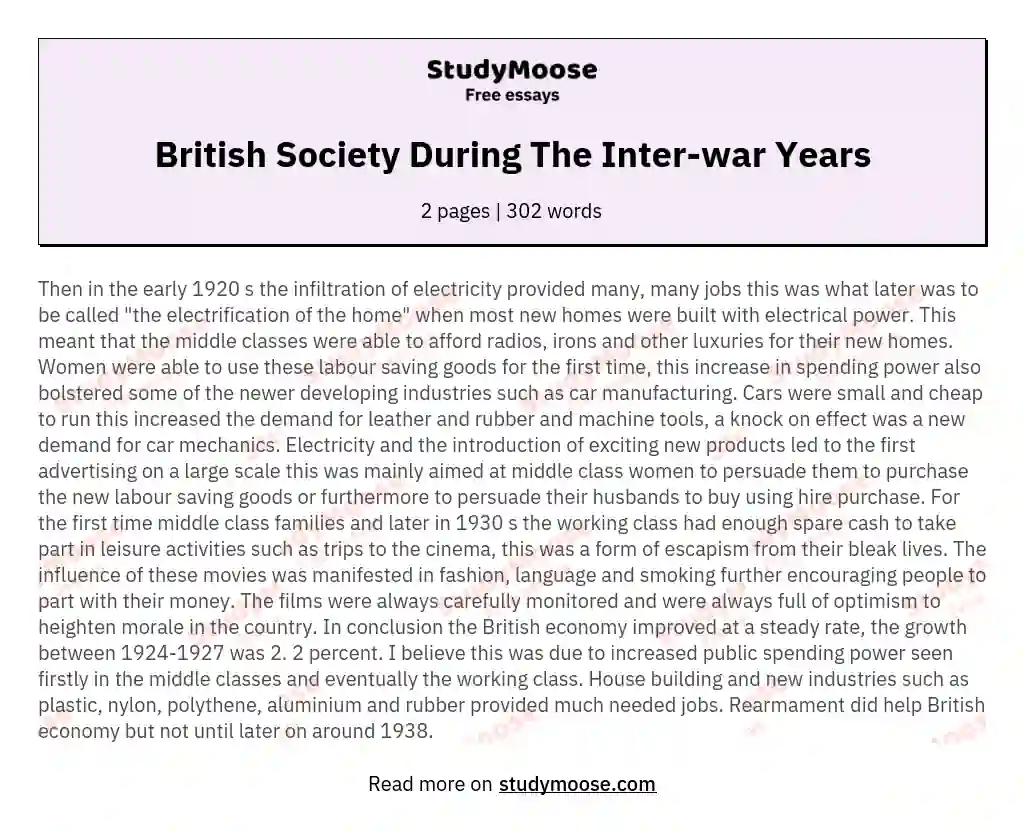 British Society During The Inter-war Years essay