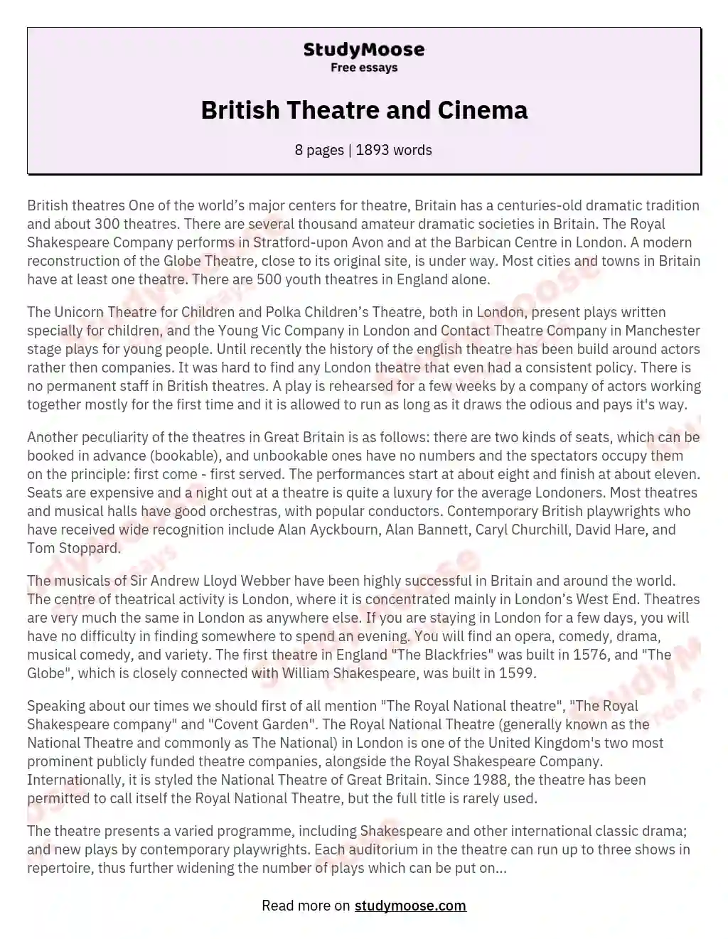 British Theatre and Cinema essay