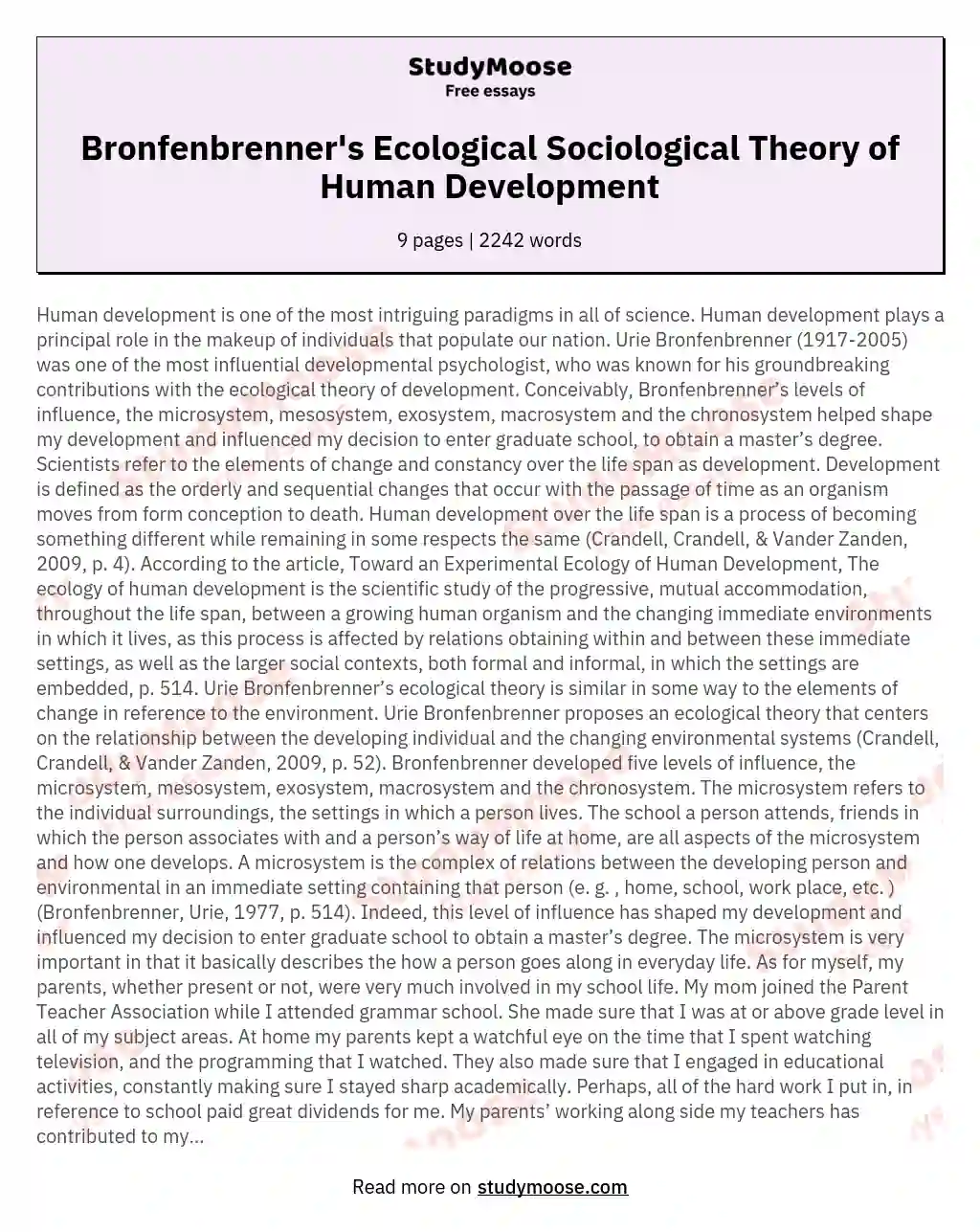 Bronfenbrenner's Ecological Sociological Theory of Human Development essay