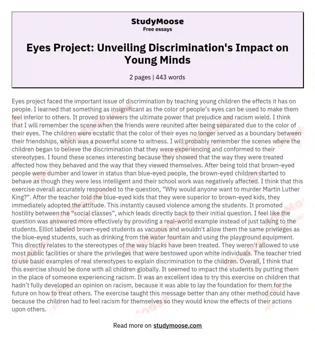 Eyes Project: Unveiling Discrimination's Impact on Young Minds essay