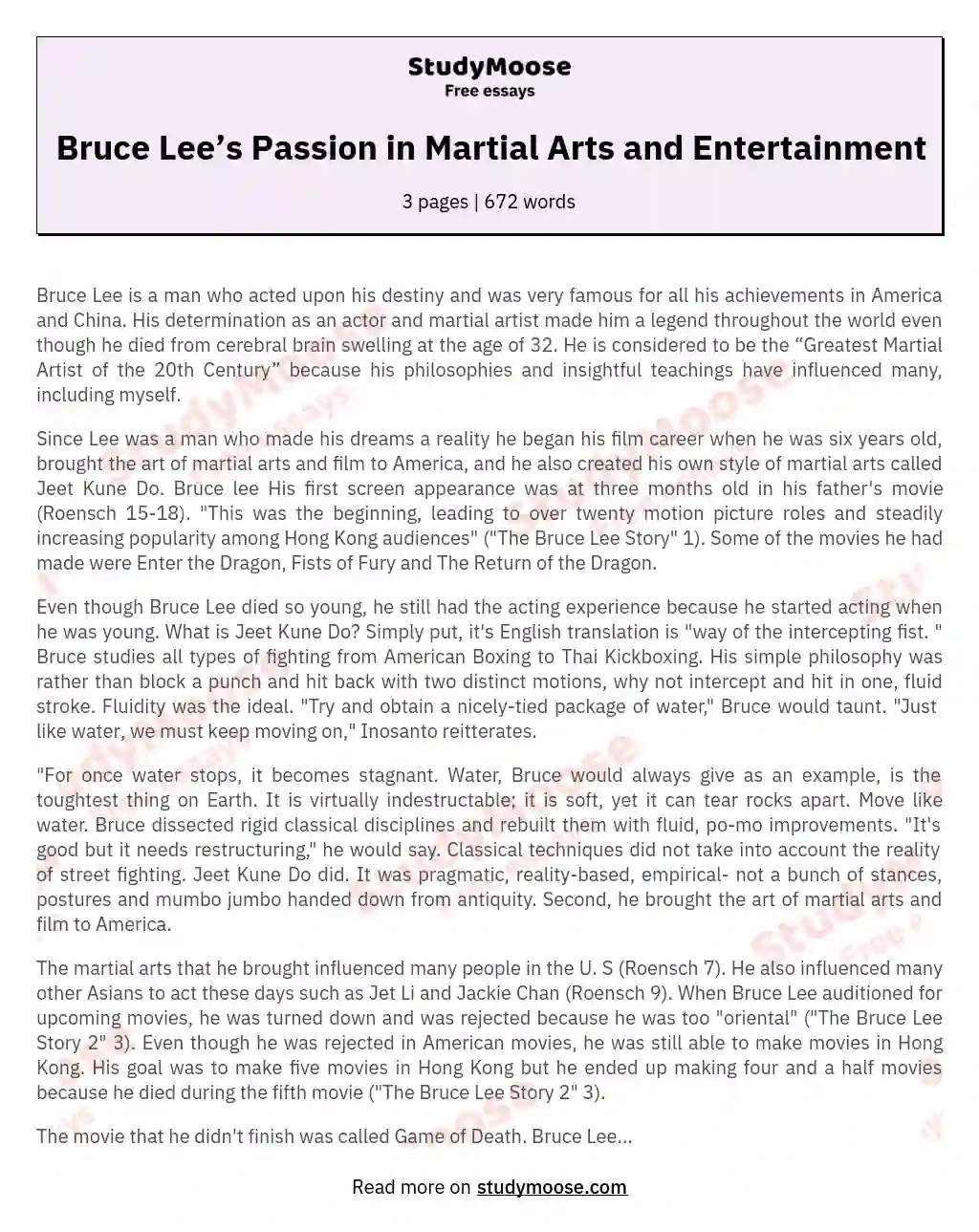 Bruce Lee’s Passion in Martial Arts and Entertainment essay
