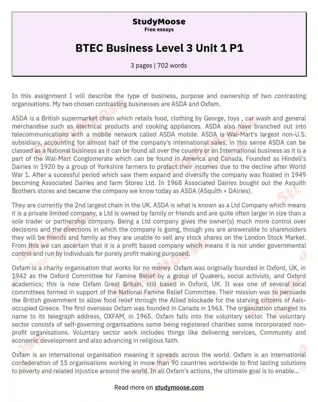 BTEC Business Level 3 Unit 1 P1 essay