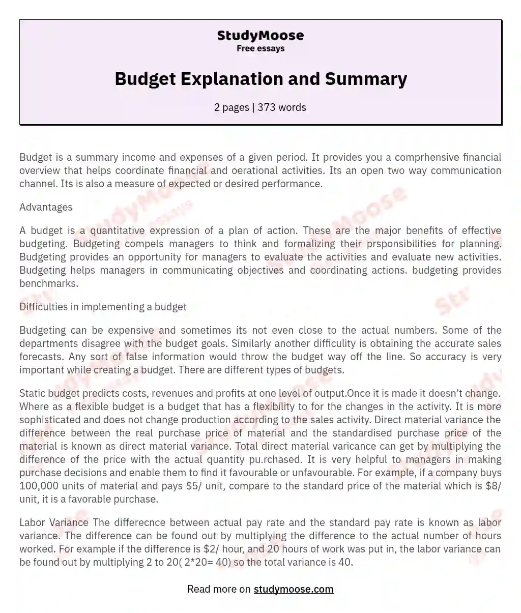 Budget Explanation and Summary essay