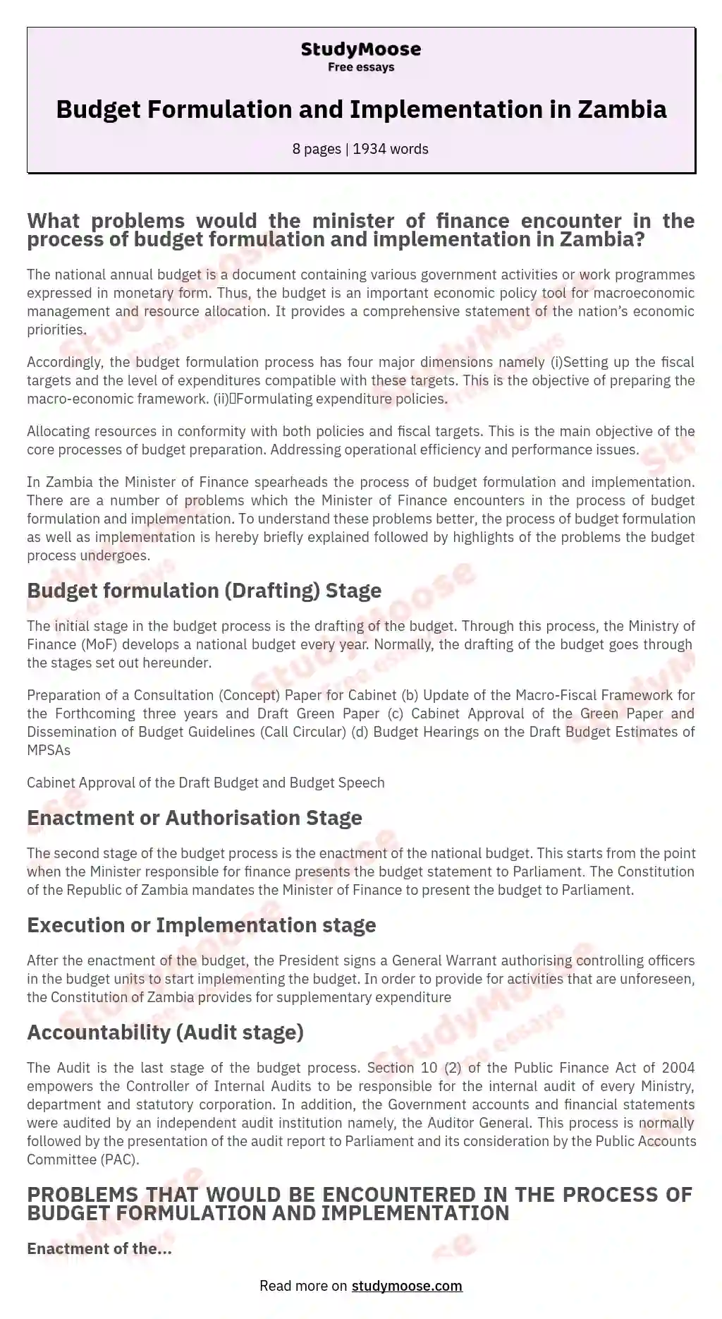 Budget Formulation and Implementation in Zambia essay