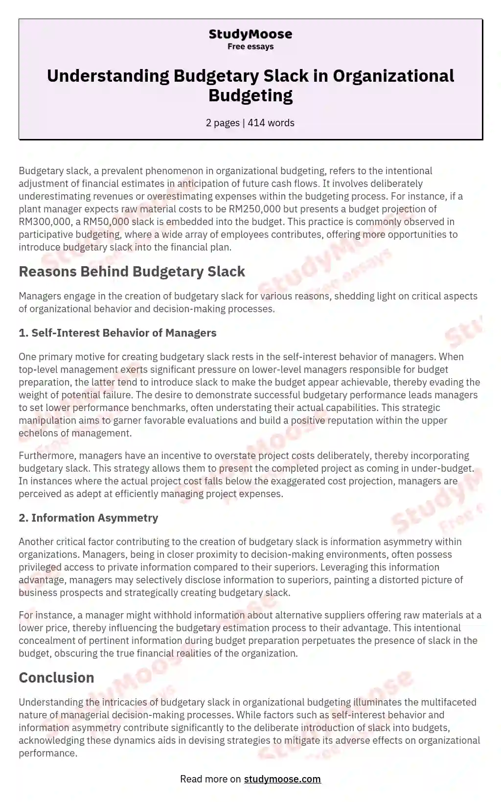 Understanding Budgetary Slack in Organizational Budgeting essay