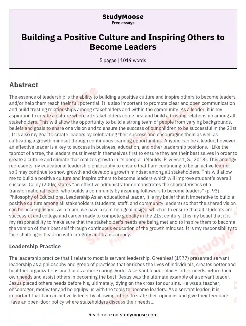 Building a Positive Culture and Inspiring Others to Become Leaders essay