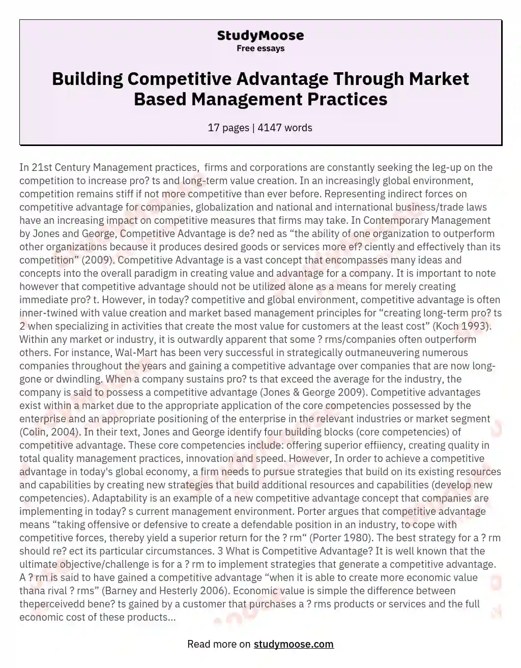 Building Competitive Advantage Through Market Based Management Practices essay