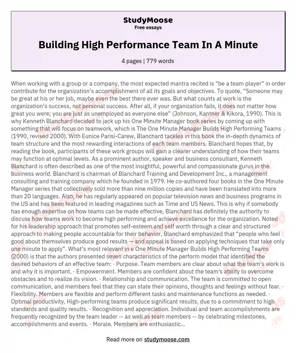Building High Performance Team In A Minute essay