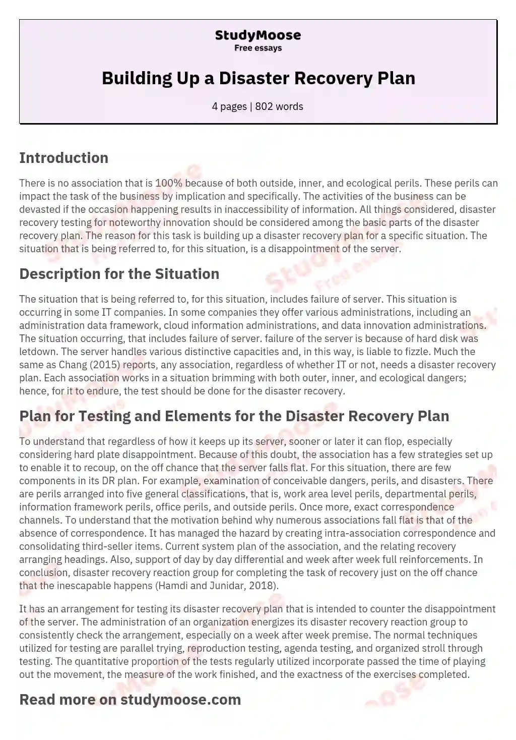 Building Up a Disaster Recovery Plan essay