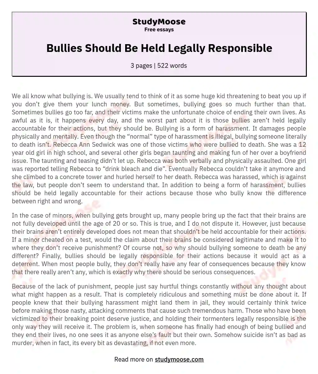 Bullies Should Be Held Legally Responsible essay