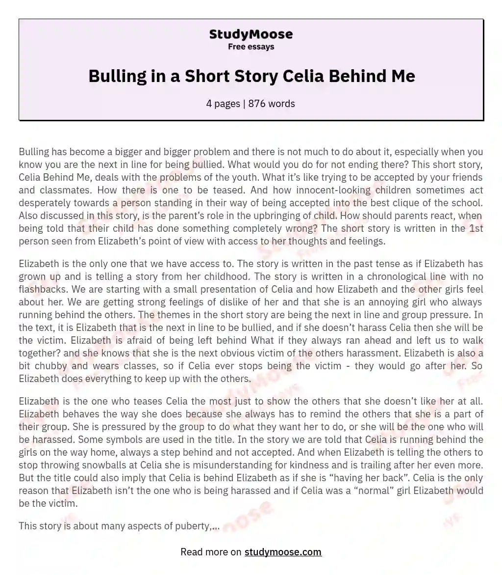 Bulling in a Short Story Celia Behind Me essay