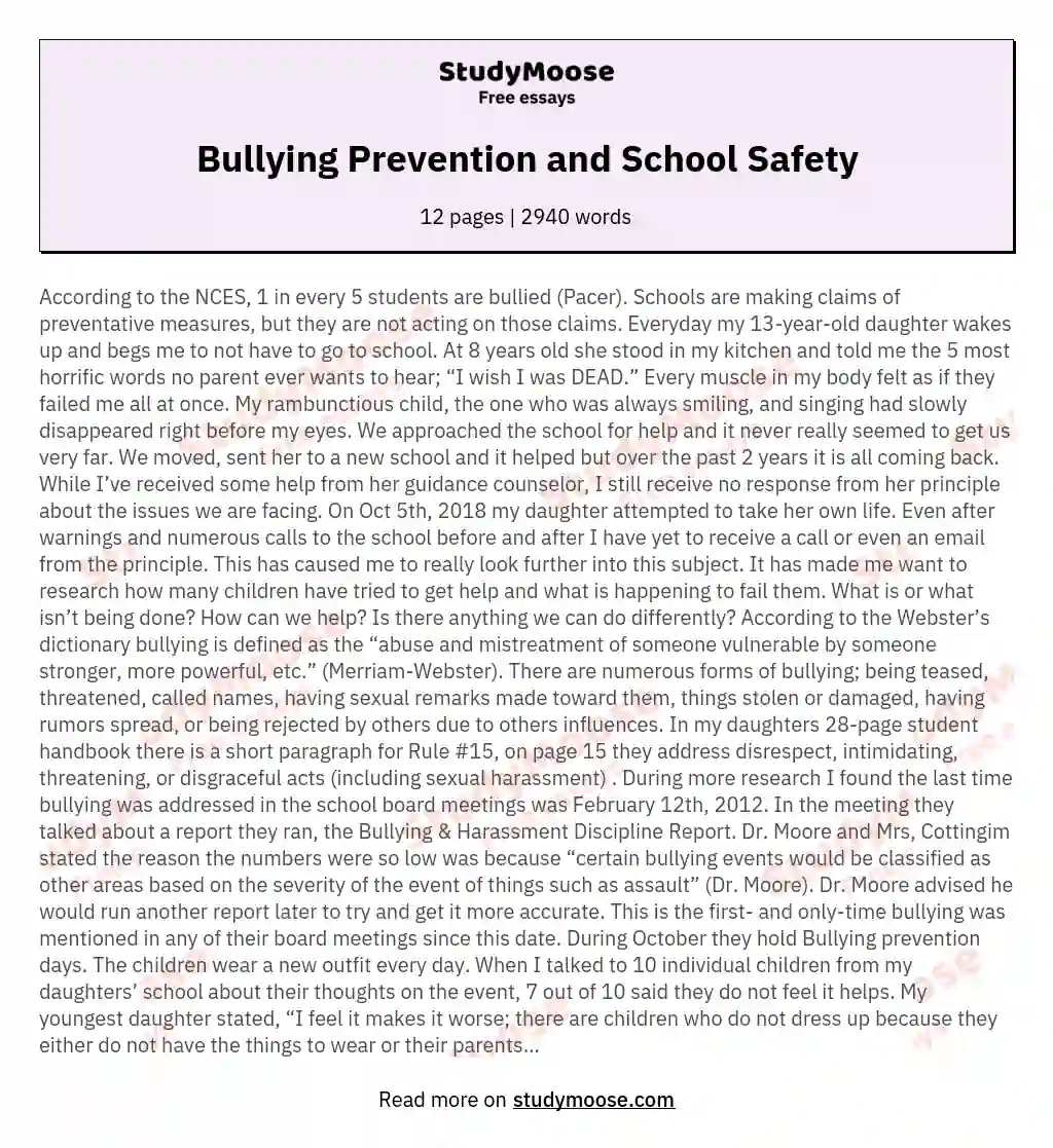 Bullying Prevention and School Safety Free Essay Example