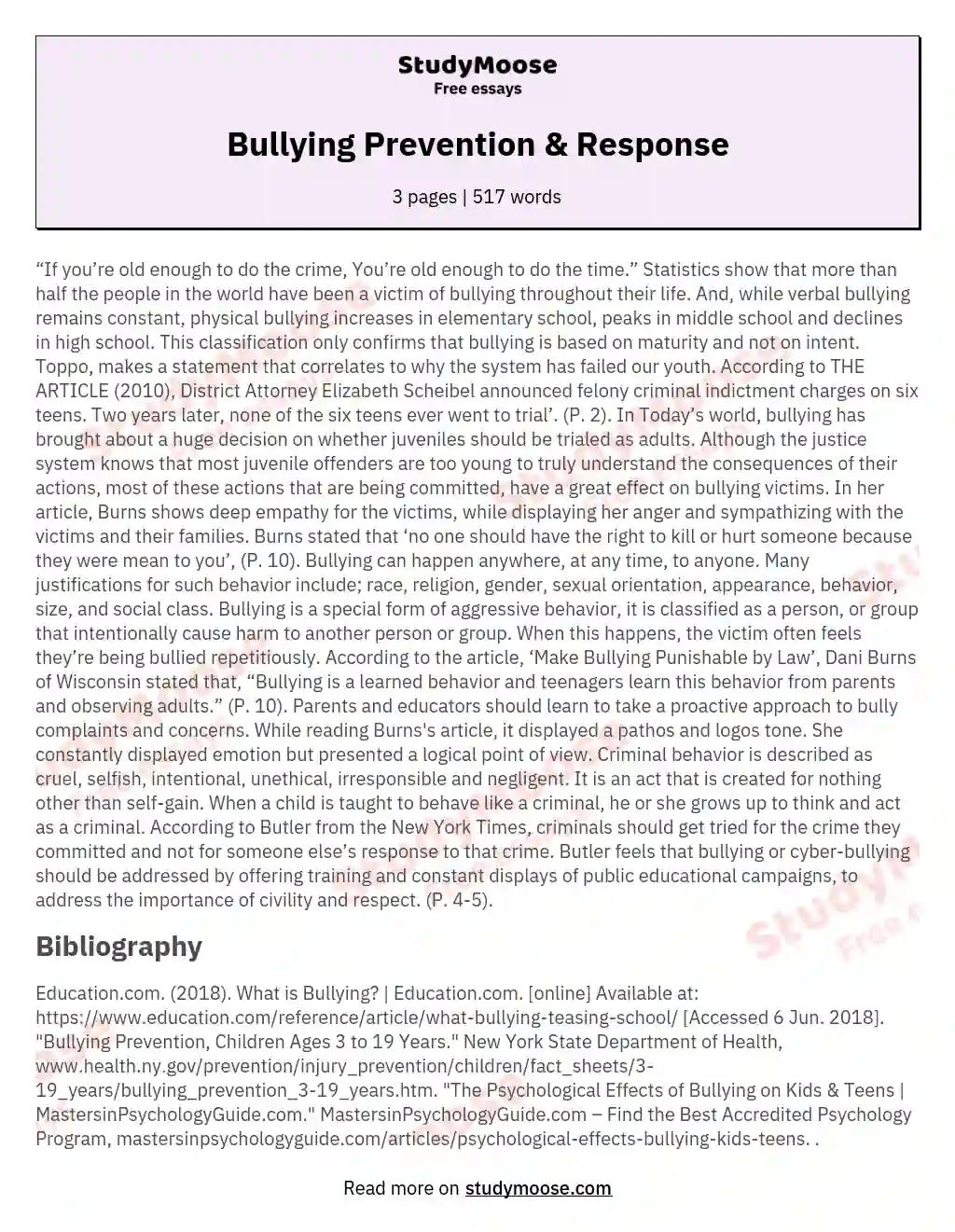 Bullying Prevention & Response essay