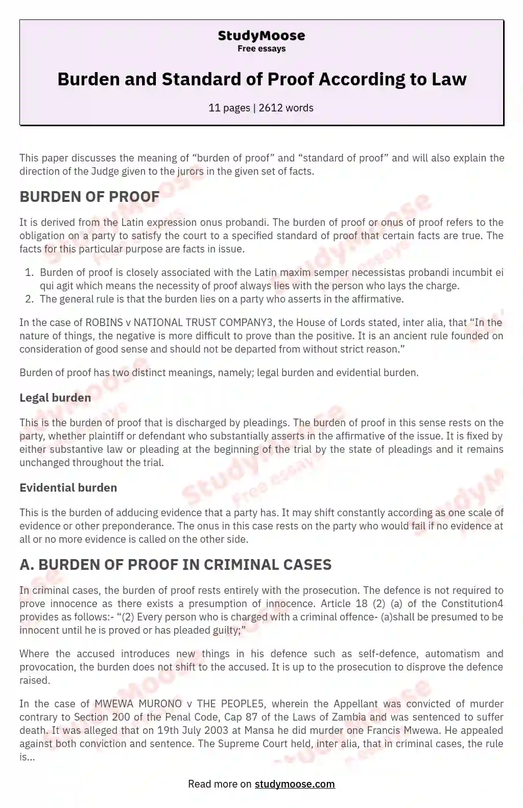Burden and Standard of Proof According to Law essay