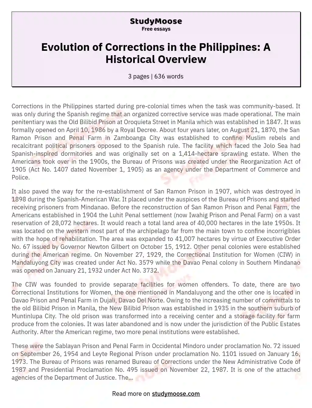 Evolution of Corrections in the Philippines: A Historical Overview essay
