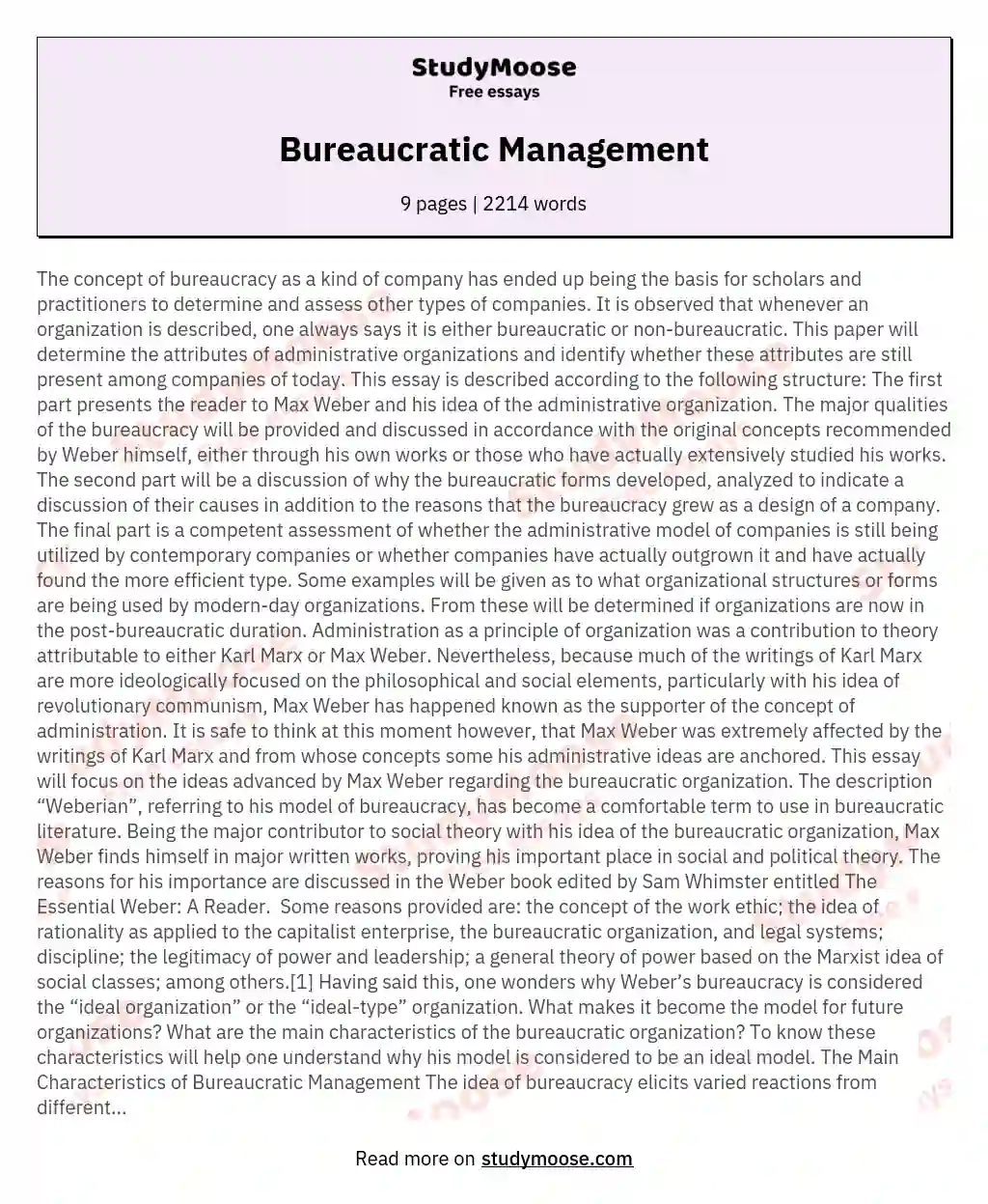 Bureaucratic Management essay