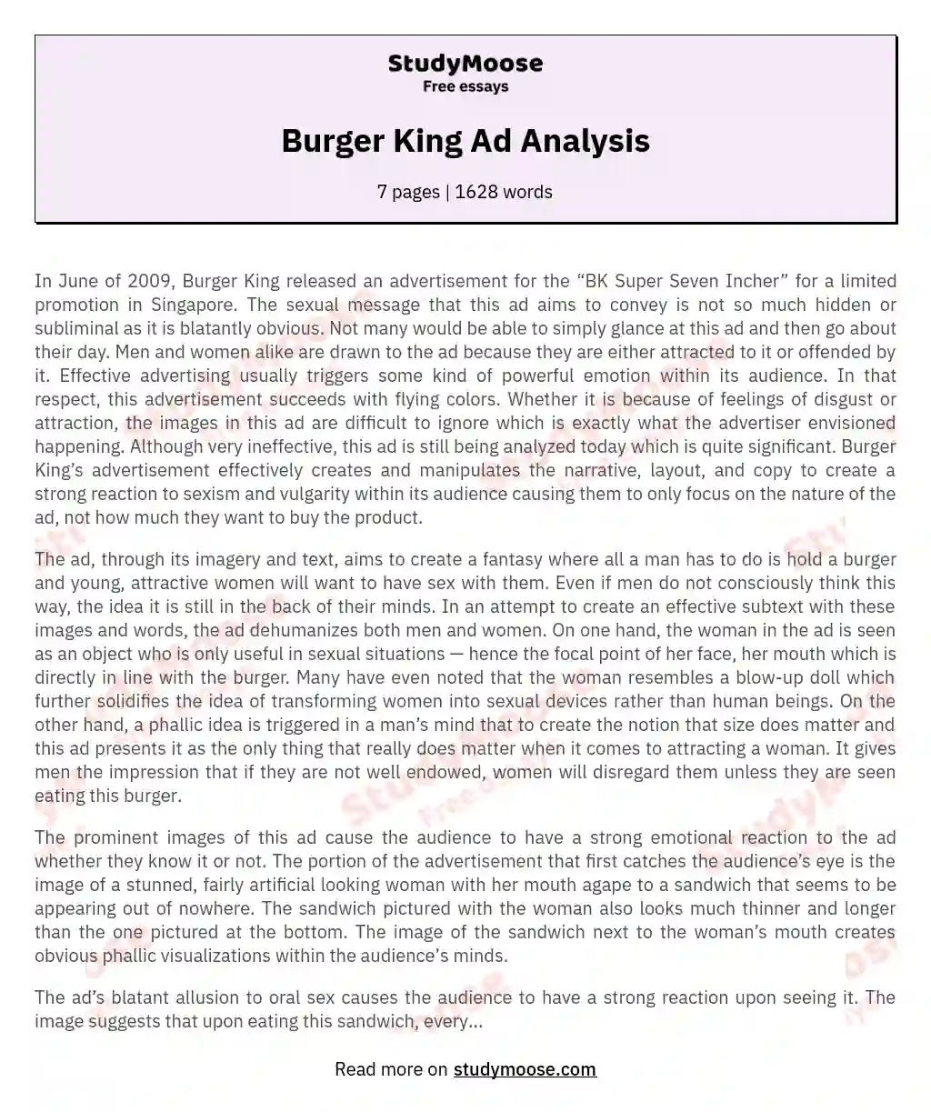 Burger King Ad Analysis essay