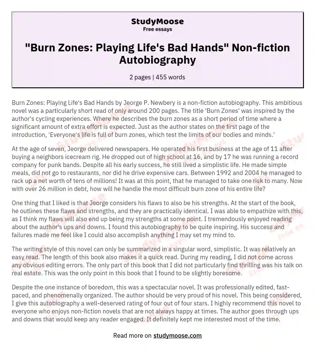 "Burn Zones: Playing Life's Bad Hands" Non-fiction Autobiography essay