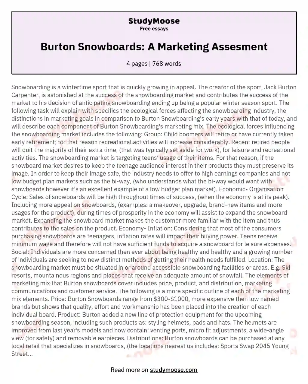 Burton Snowboards: A Marketing Assesment essay