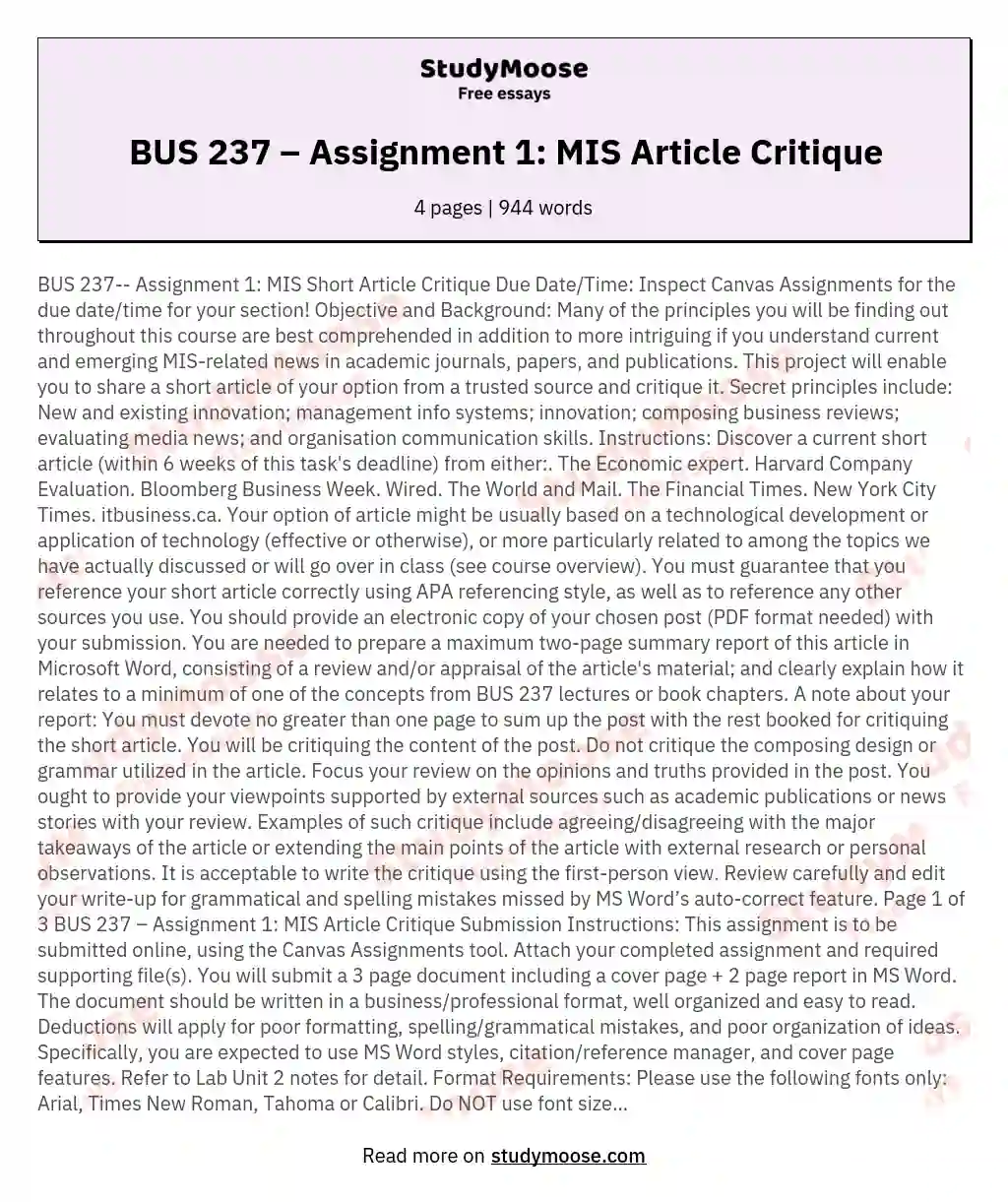 BUS 237 – Assignment 1: MIS Article Critique