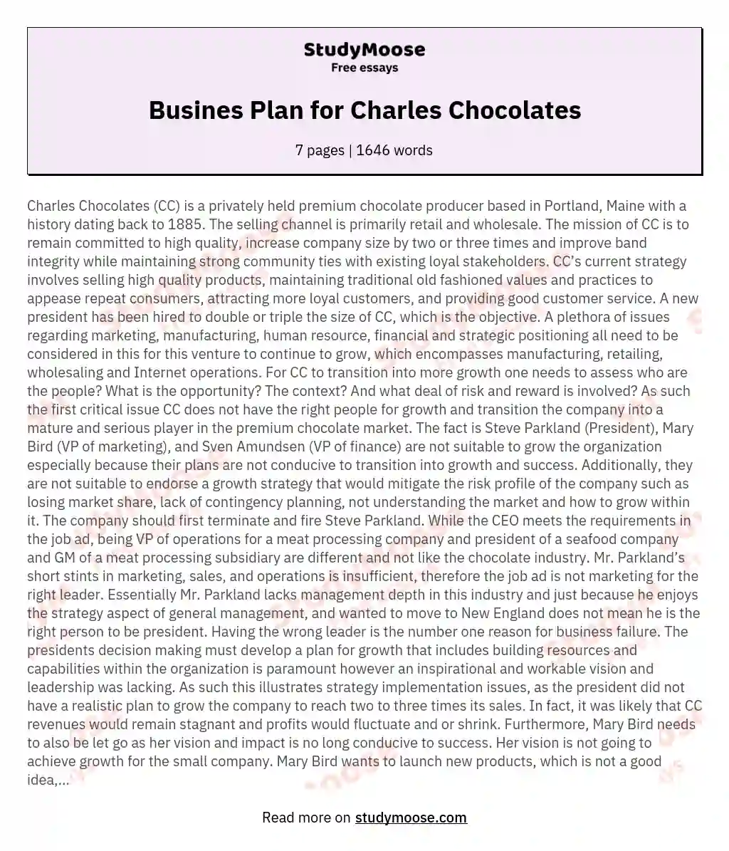 Busines Plan for Charles Chocolates