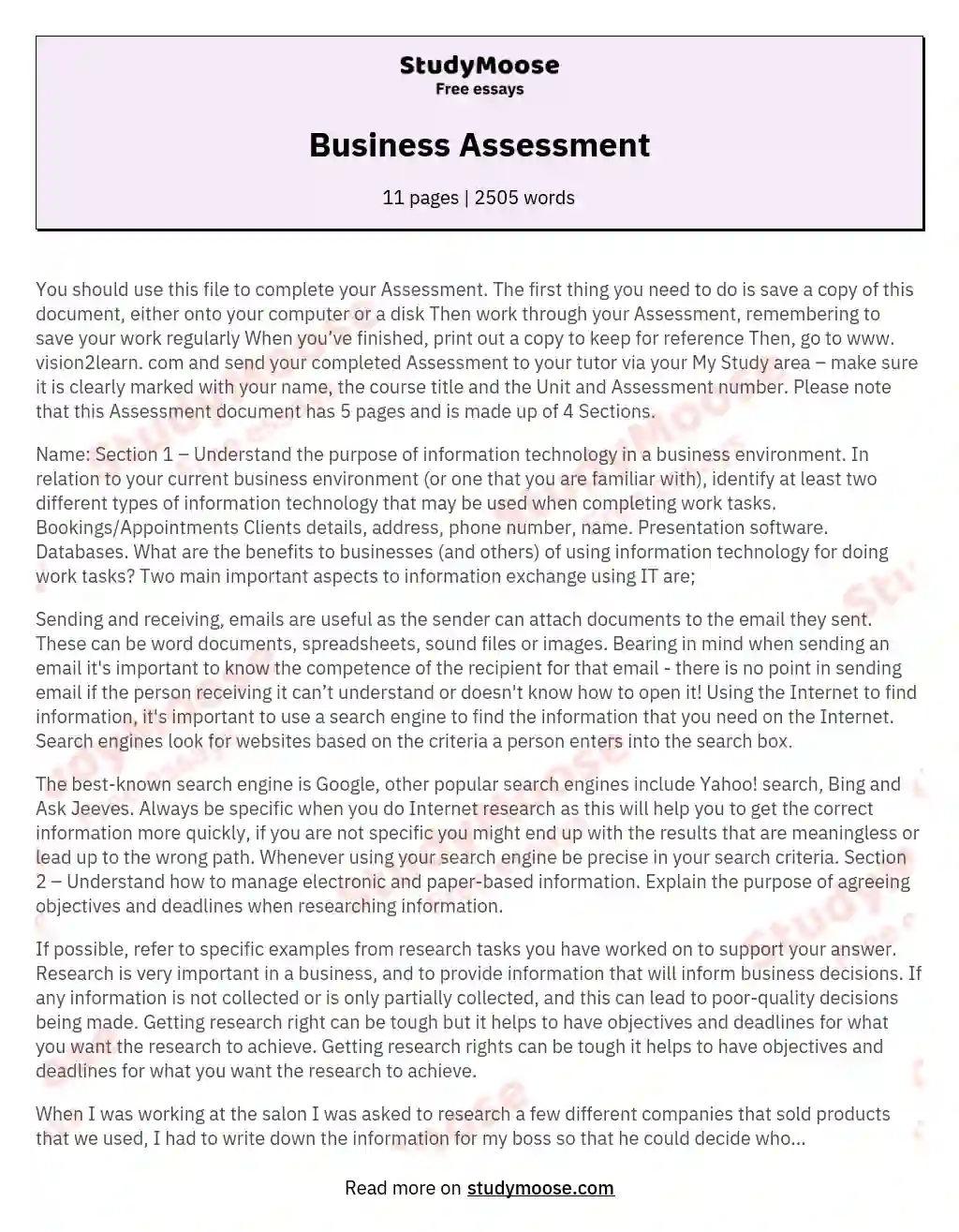 Business Assessment essay
