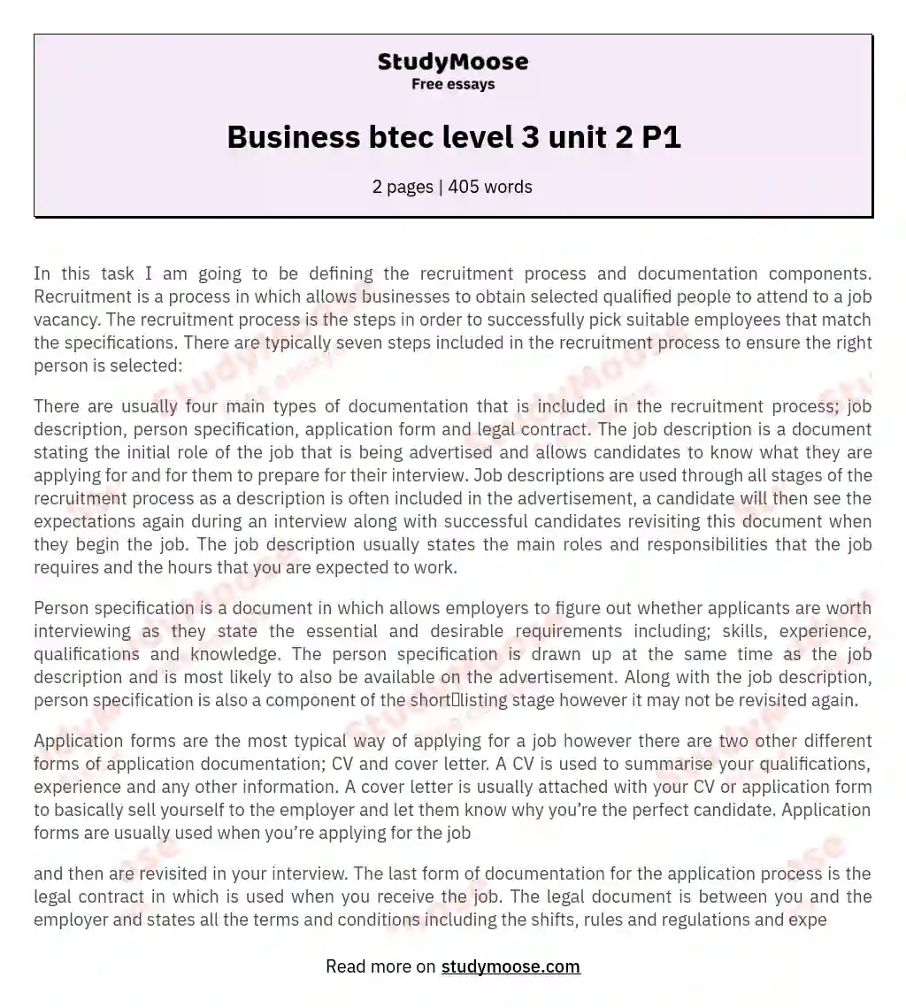 Business btec level 3 unit 2 P1 essay