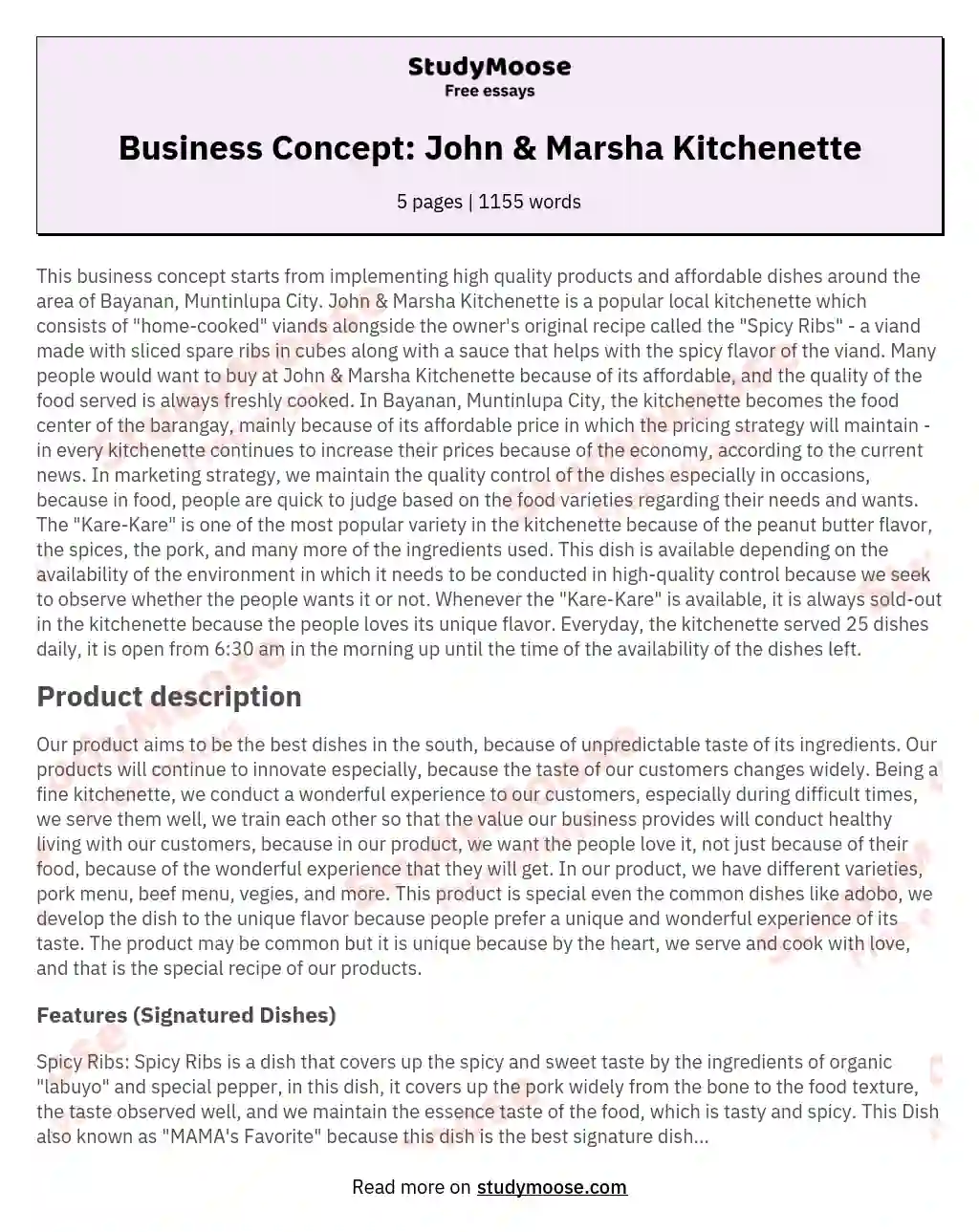 Business Concept: John & Marsha Kitchenette essay