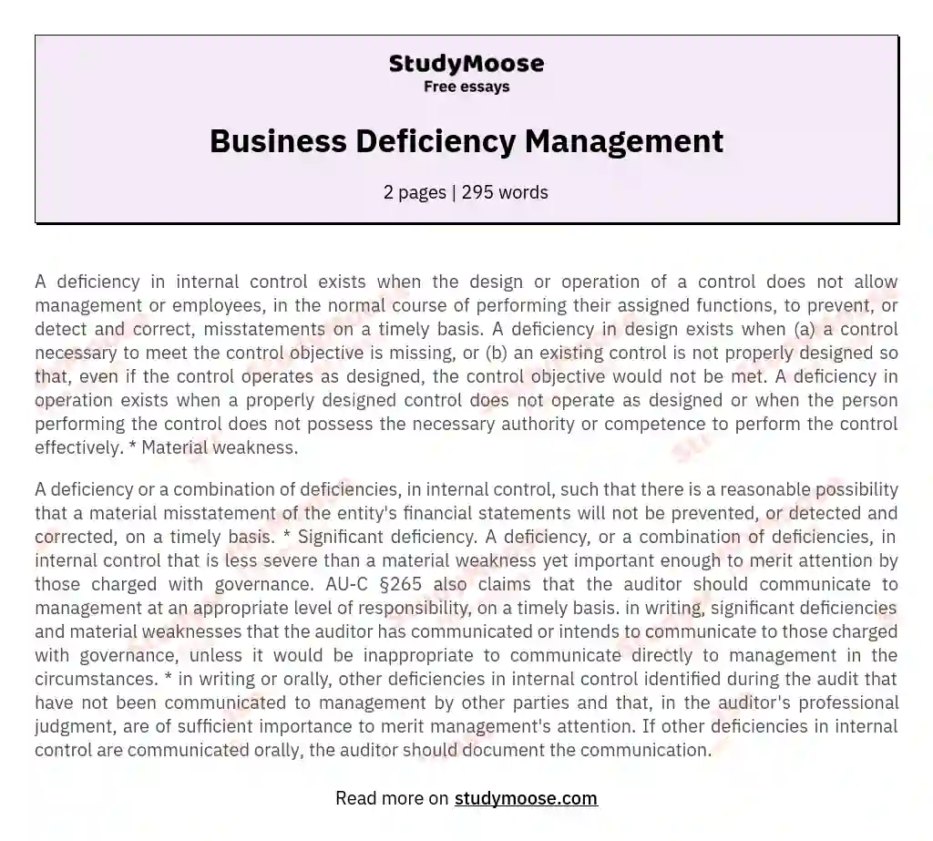 Business Deficiency Management essay