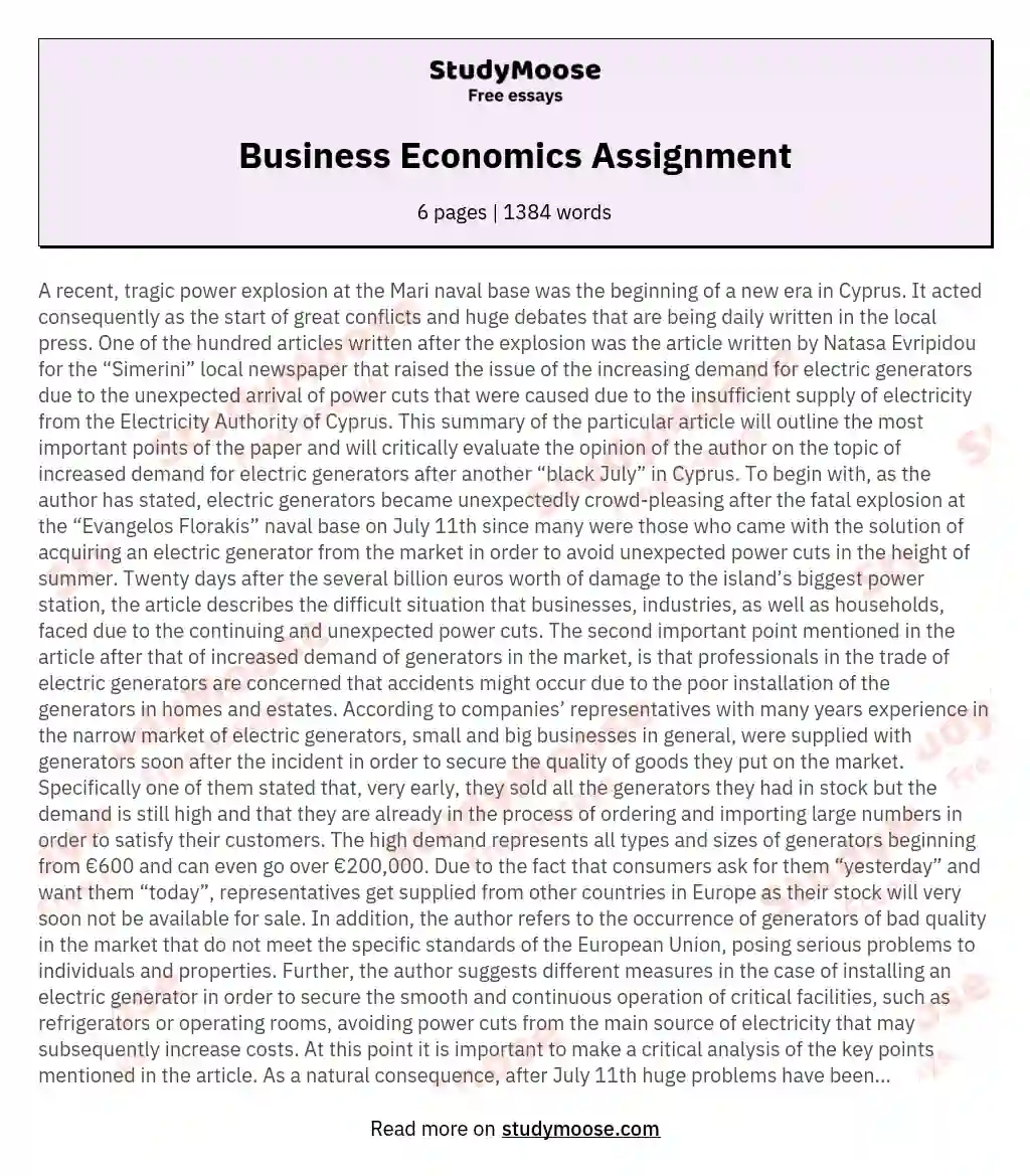 Business Economics Assignment essay