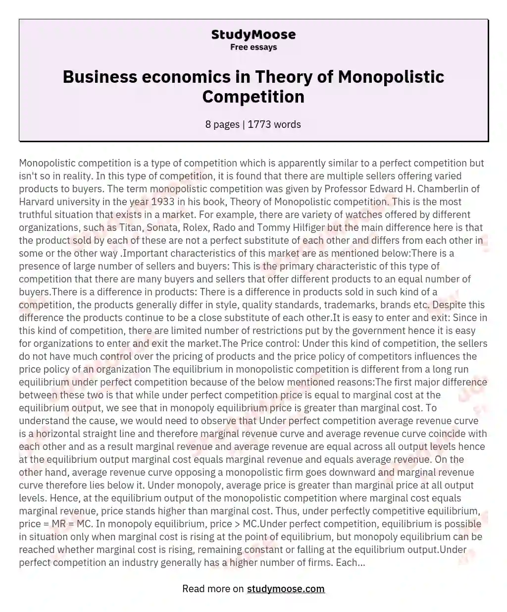 Business economics in Theory of Monopolistic Competition essay