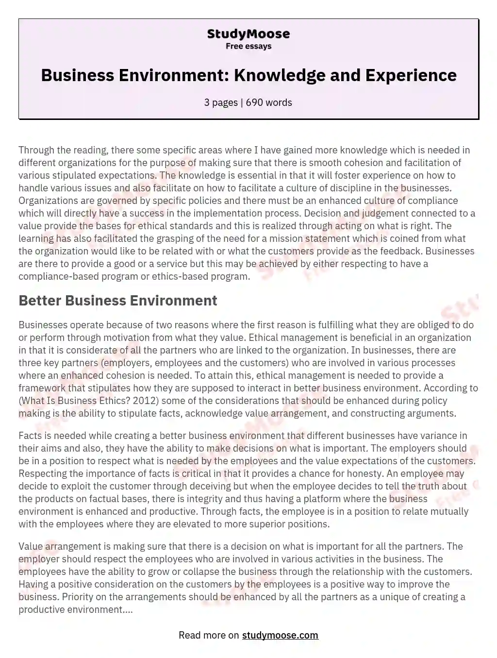 Business Environment: Knowledge and Experience essay