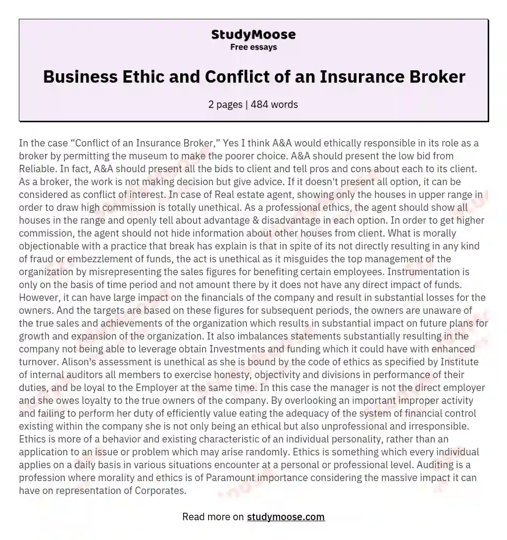 Business Ethic and Conflict of an Insurance Broker essay