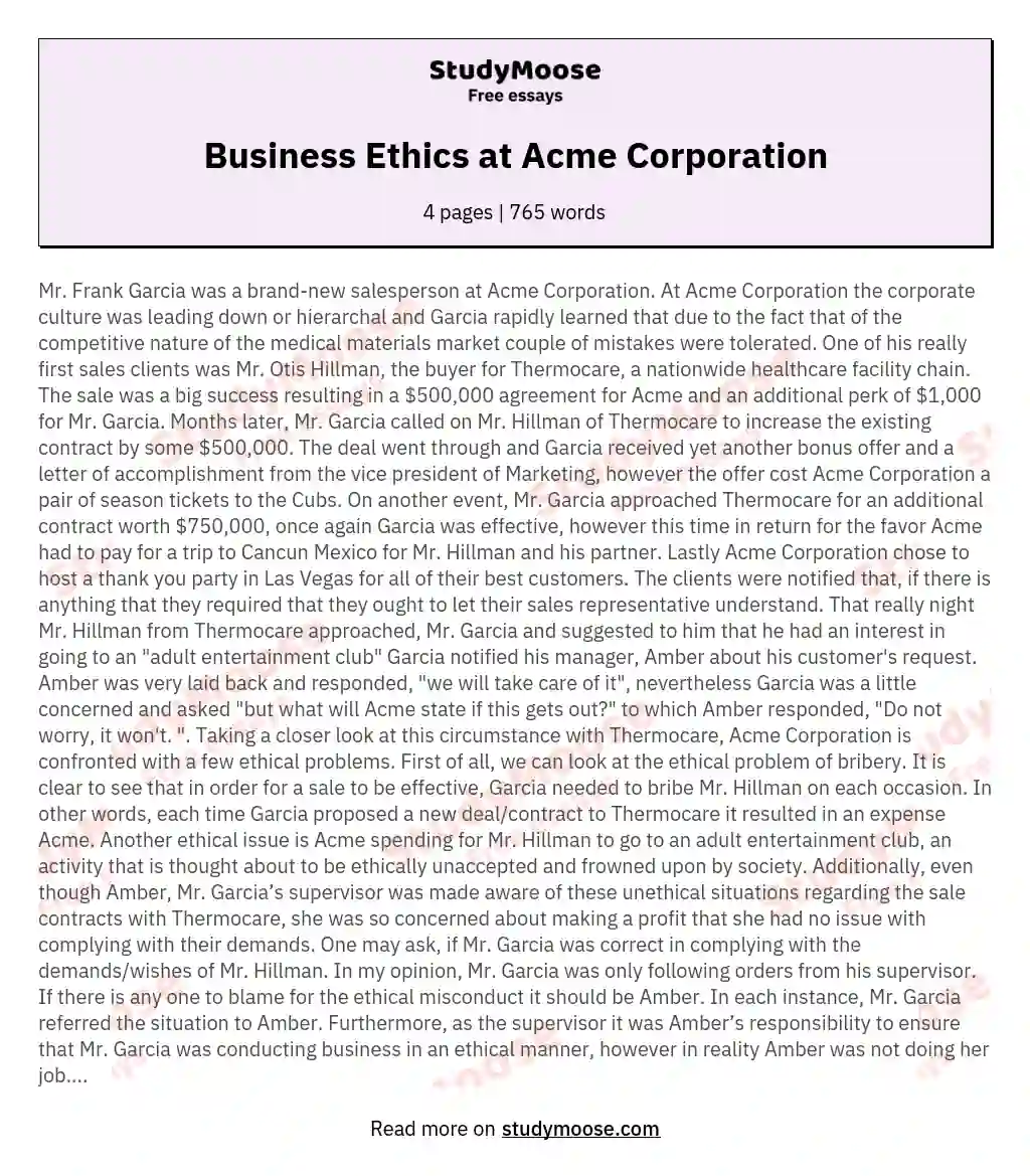 Business Ethics at Acme Corporation essay