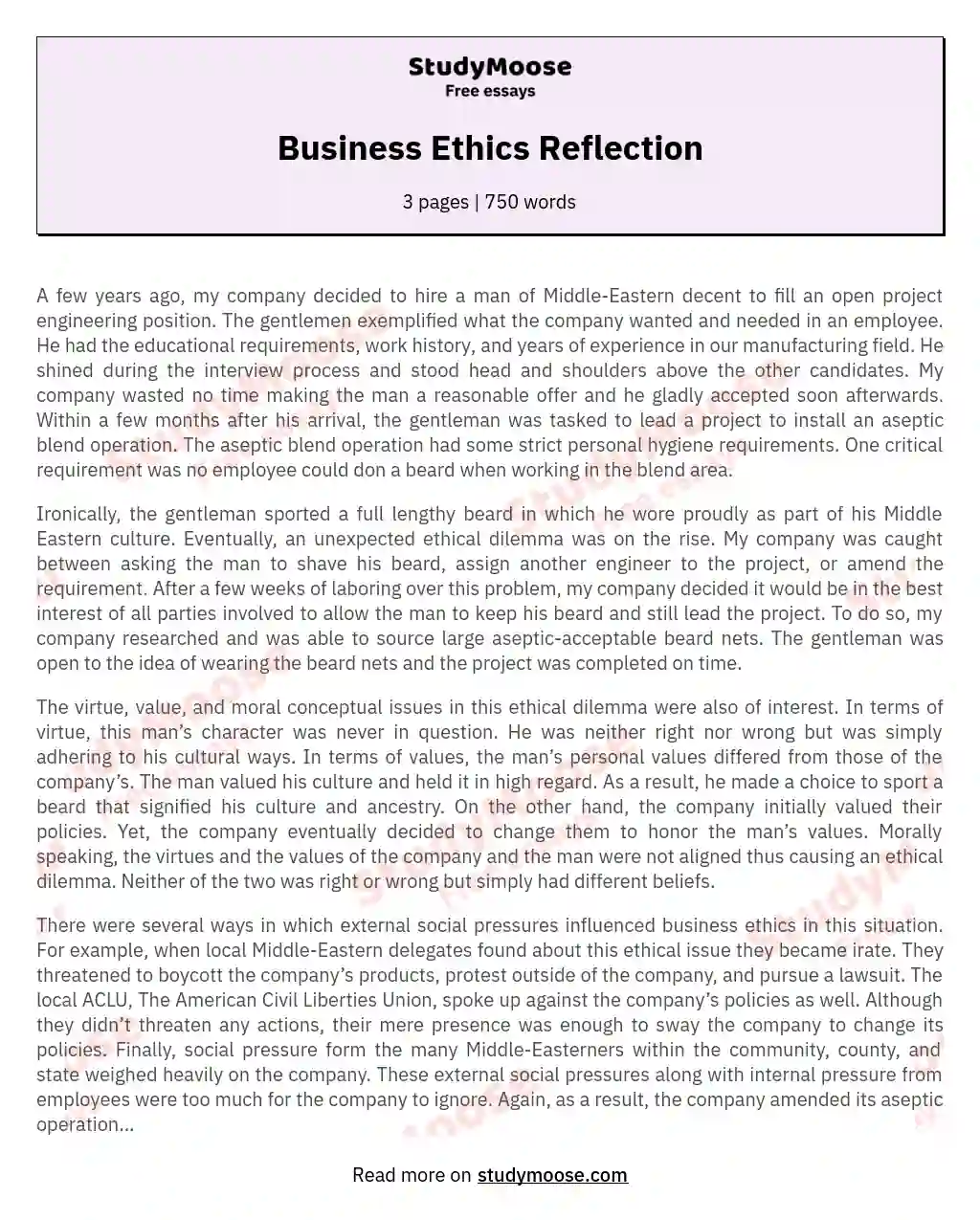 Business Ethics Reflection essay