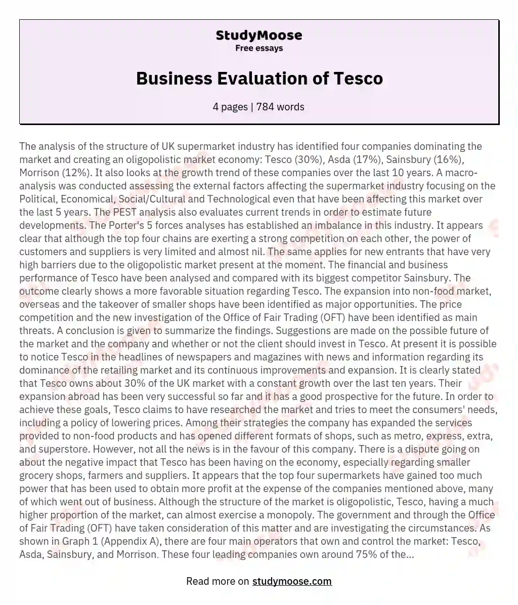 Business Evaluation of Tesco essay