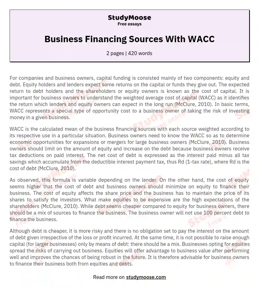 Business Financing Sources With WACC essay