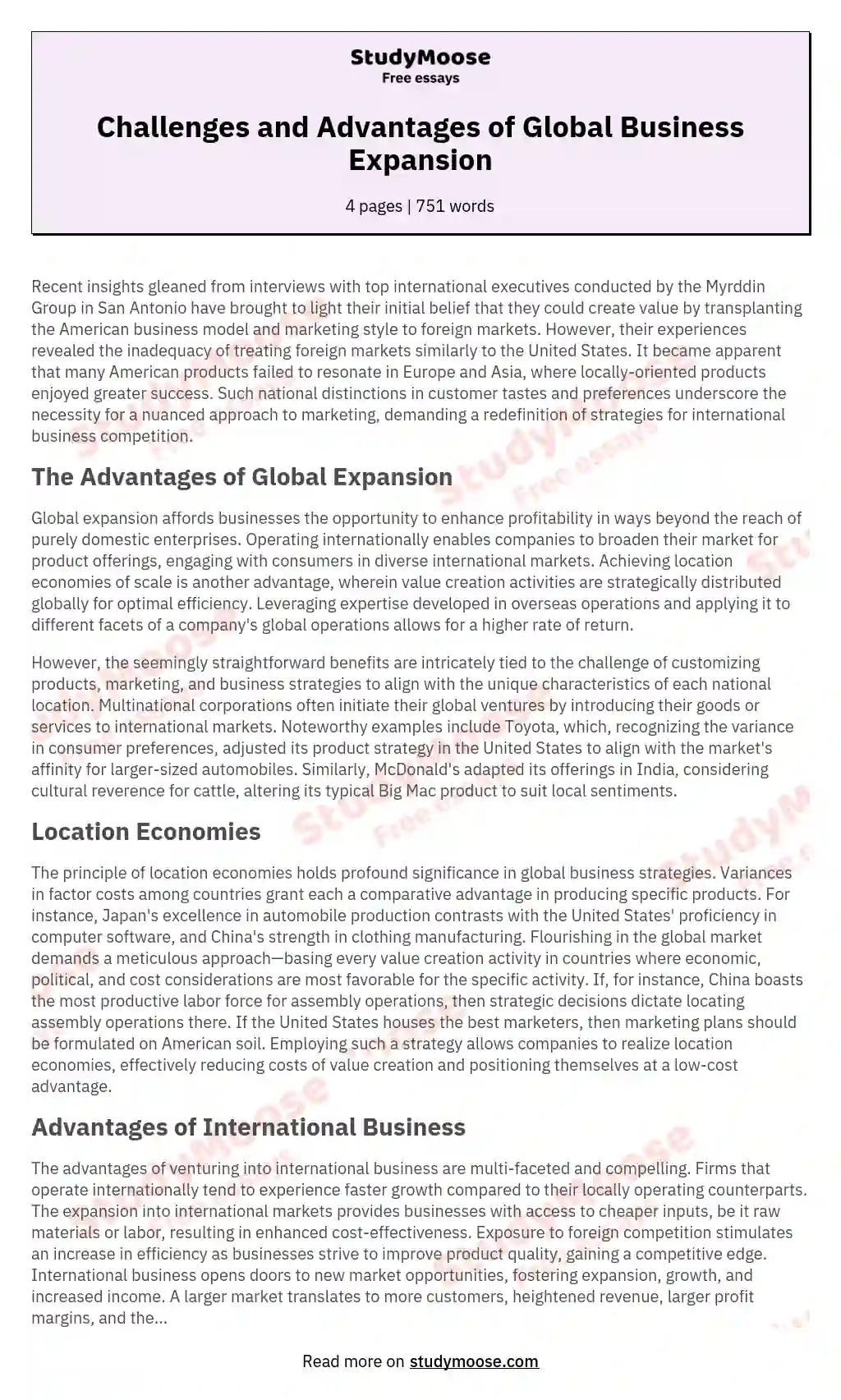 Challenges and Advantages of Global Business Expansion essay