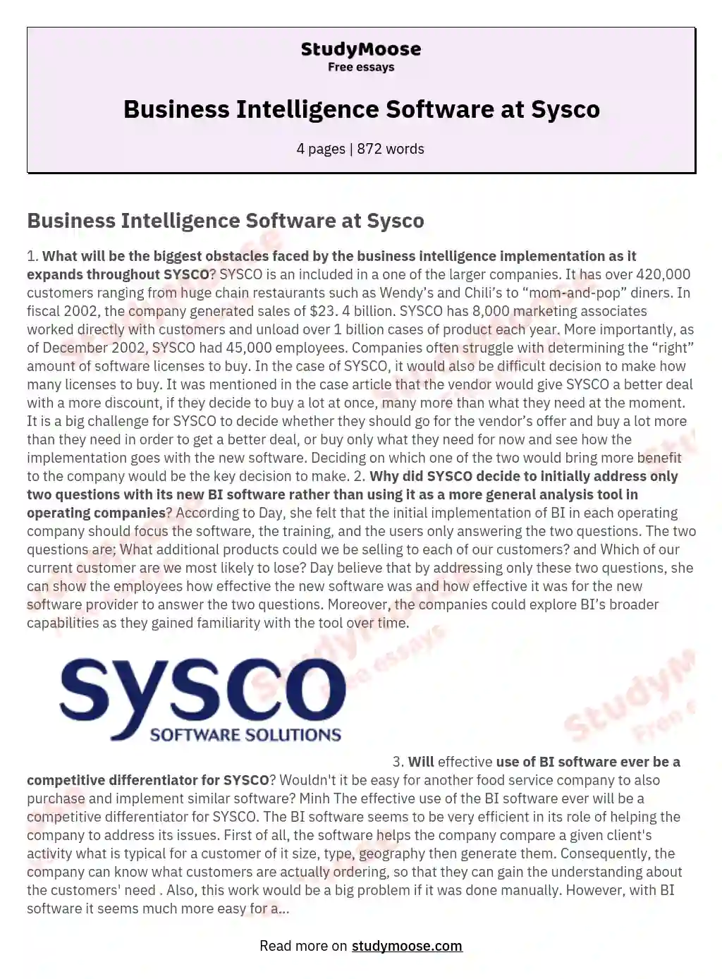 Business Intelligence Software at Sysco essay