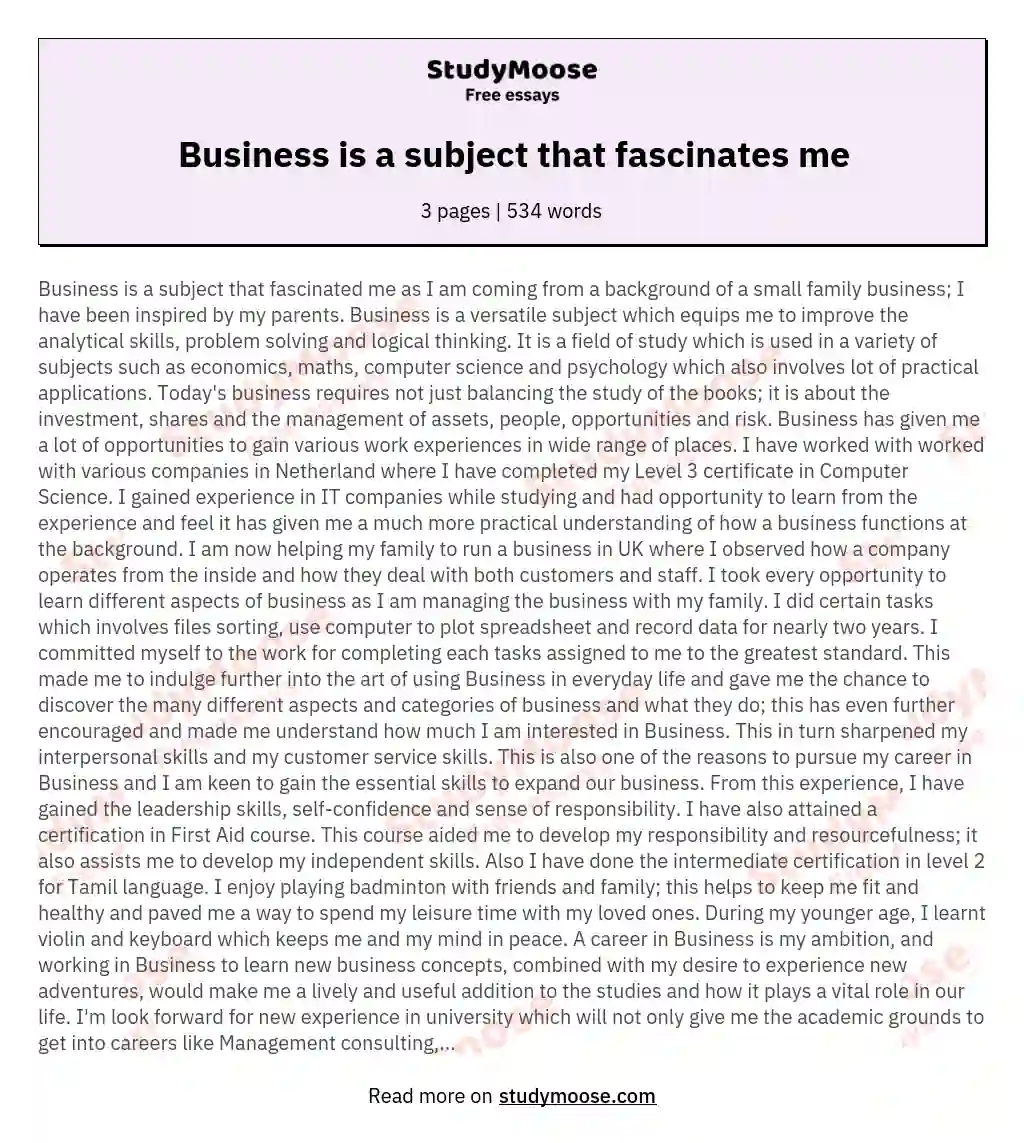 Business is a subject that fascinates me essay