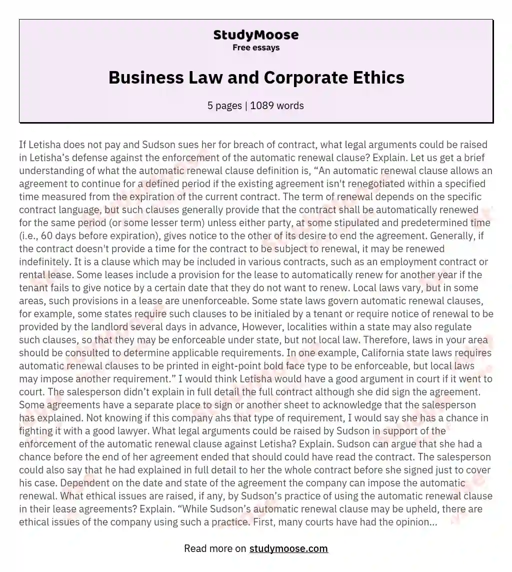 Business Law and Corporate Ethics essay