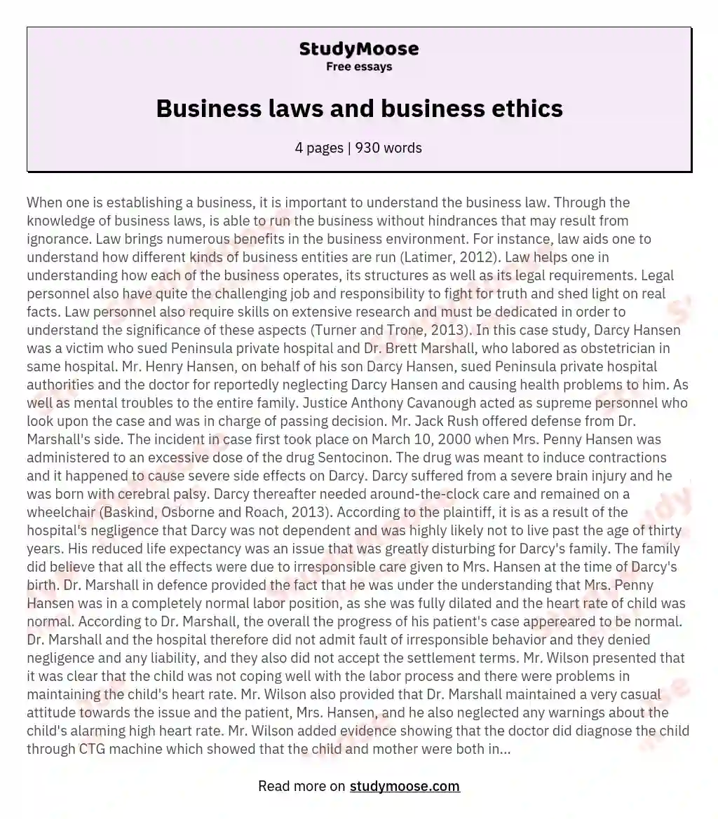 Business laws and business ethics essay