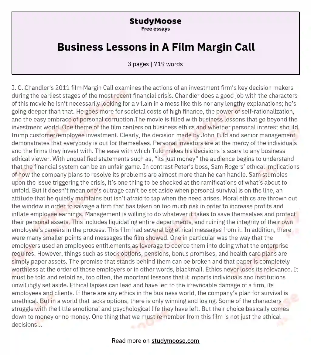 Business Lessons in A Film Margin Call essay