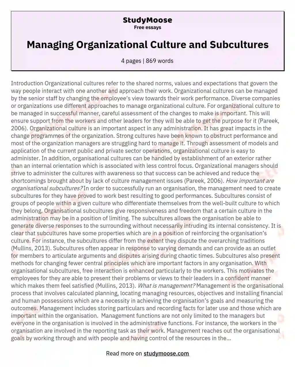 Managing Organizational Culture and Subcultures essay