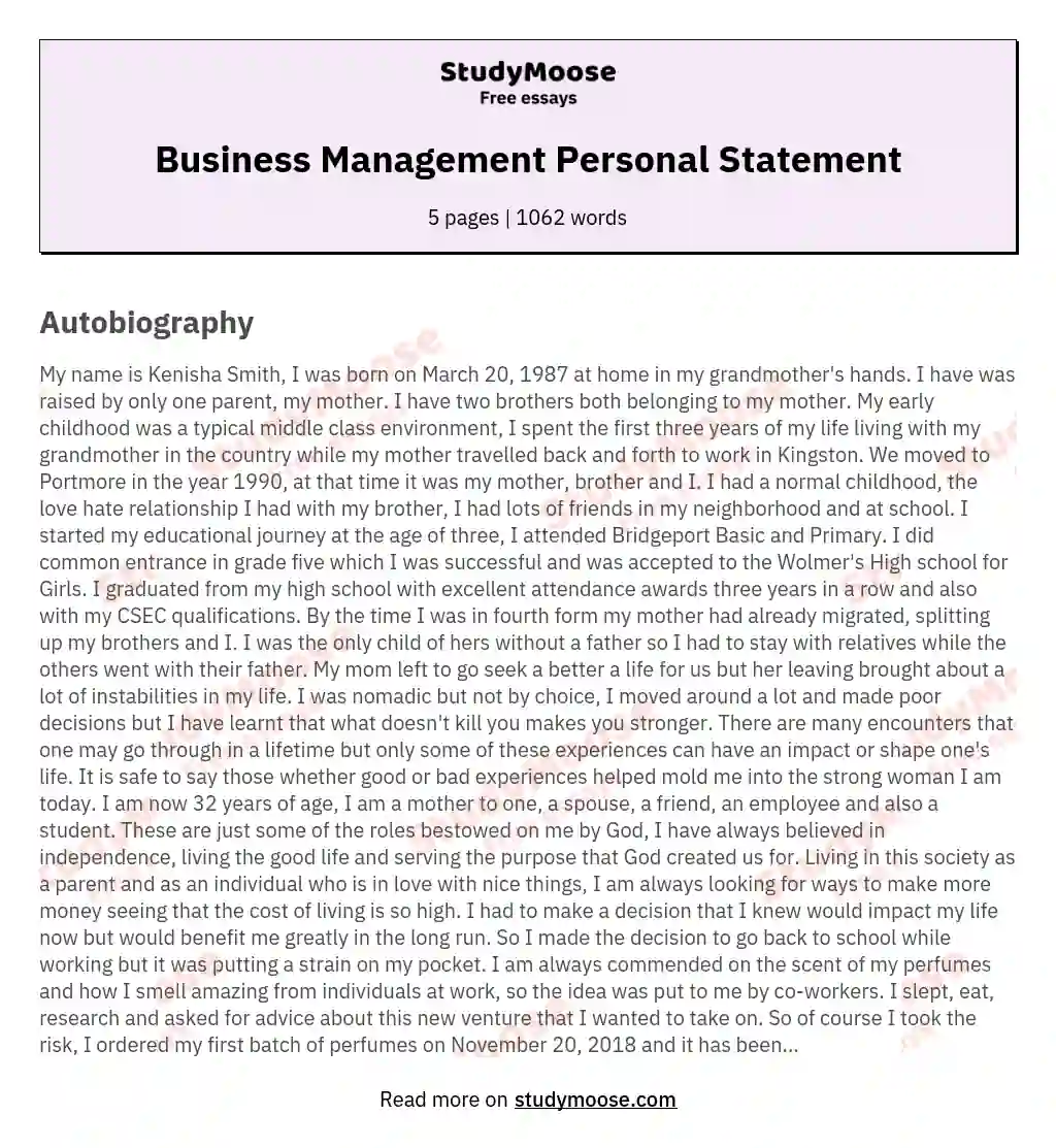 personal statement about business management