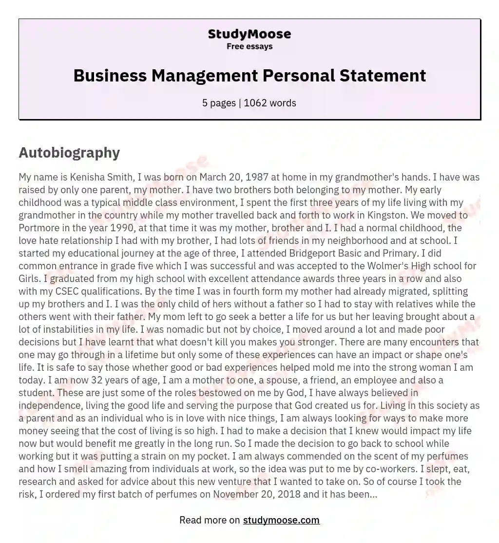 Business Management Personal Statement Free Essay Example