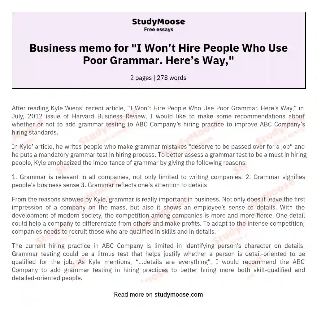 Business memo for "I Won’t Hire People Who Use Poor Grammar. Here’s Way,"