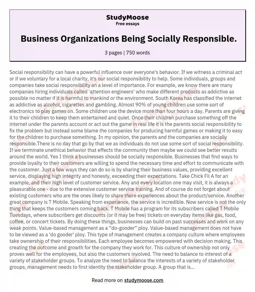  Business Organizations Being Socially Responsible. essay