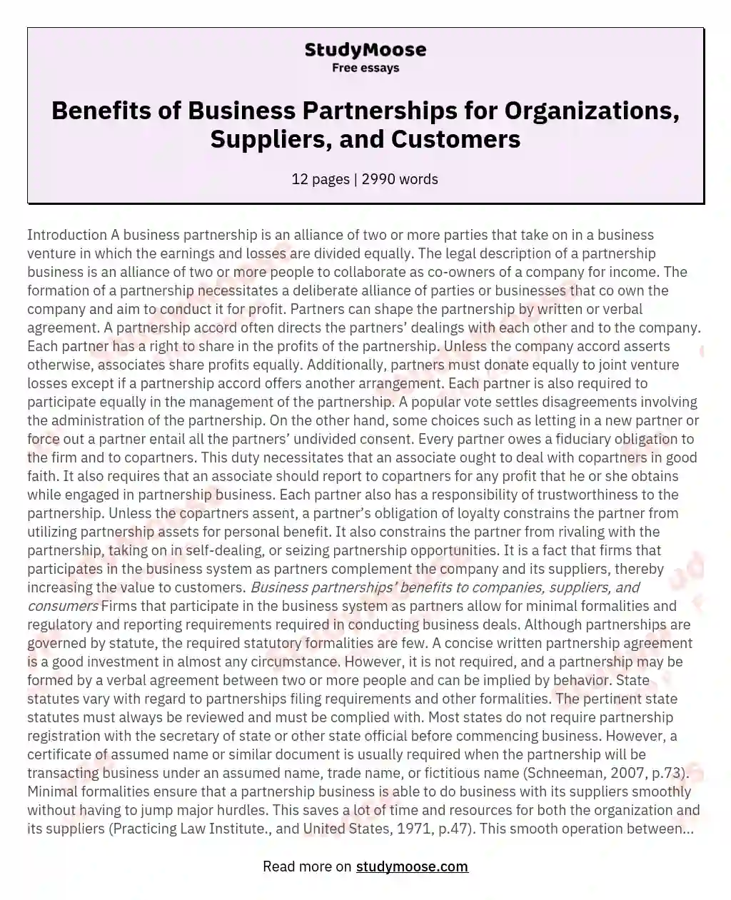 Benefits of Business Partnerships for Organizations, Suppliers, and Customers essay